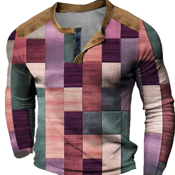 Men's Graphic Plaid Color Block Henley Shirt Waffle T Shirt Long Sleeve 3D Print Fashion Designer Casual Sports Outdoor Holiday Festival Spring & Fall Yellow Light Purple Purple Orange Henley Henley