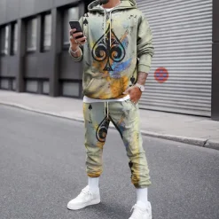 Men's Graphic Poker 2pcs 3D Sweatshirt Sets Tracksuit Hoodies Long Sleeve Long pants Hooded Streetwear Designer Basic Sports & Outdoor Casual Sports Print Spring Fall Black And White Light Yellow