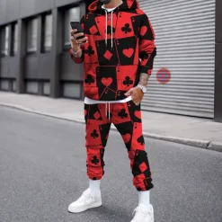 Men's Graphic Poker 2pcs 3D Sweatshirt Sets Tracksuit Hoodies Long Sleeve Long pants Hooded Streetwear Designer Basic Sports & Outdoor Casual Sports Print Spring Fall Black And White Light Yellow
