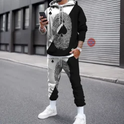 Men's Graphic Poker 2pcs 3D Sweatshirt Sets Tracksuit Hoodies Long Sleeve Long pants Hooded Streetwear Designer Basic Sports & Outdoor Casual Sports Print Spring Fall Black And White Light Yellow