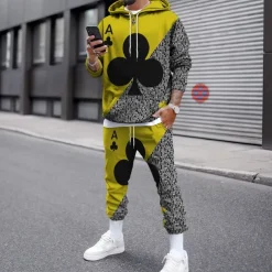 Men's Graphic Poker 2pcs 3D Sweatshirt Sets Tracksuit Hoodies Long Sleeve Long pants Hooded Streetwear Designer Basic Sports & Outdoor Casual Sports Print Spring Fall Black And White Light Yellow