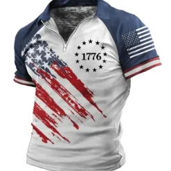 Men's Graphic Prints American Flag Veterans Patriotic Polo Shirts Zip Polo Golf Shirt Short Sleeves Shirt Turndown Outdoor Street Black Wine Blue Brown Zipper Print Clothing Apparel Fashion Designer