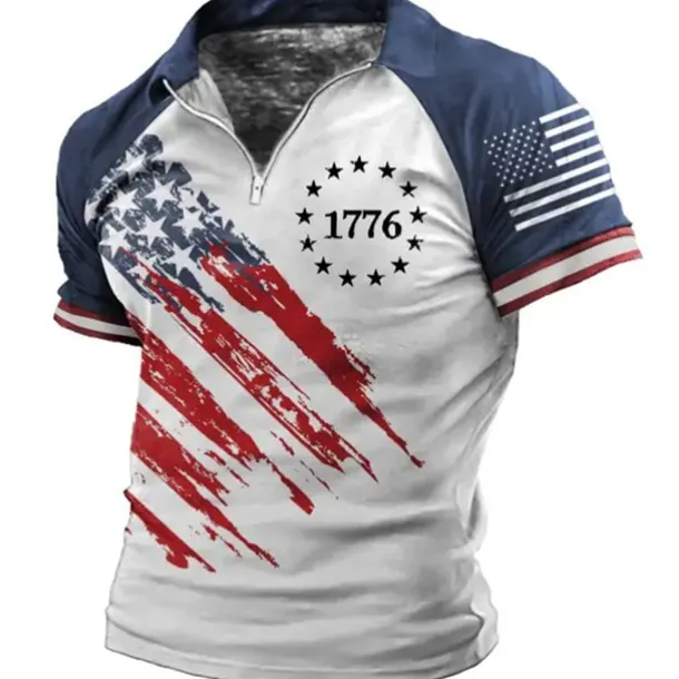 Men's Graphic Prints American Flag Veterans Patriotic Polo Shirts Zip Polo Golf Shirt Short Sleeves Shirt Turndown Outdoor Street Black Wine Blue Brown Zipper Print Clothing Apparel Fashion Designer