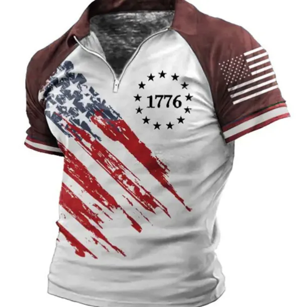 Men's Graphic Prints American Flag Veterans Patriotic Polo Shirts Zip Polo Golf Shirt Short Sleeves Shirt Turndown Outdoor Street Black Wine Blue Brown Zipper Print Clothing Apparel Fashion Designer