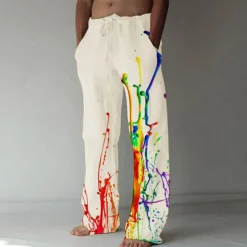 Men's Graphic Prints Graffiti Linen Pants Trousers Summer Pants Mid Waist Fashion Streetwear Casual Daily Drawstring Elastic Waist Front Pocket Spring & Summer 3D Print Light Khaki Black White
