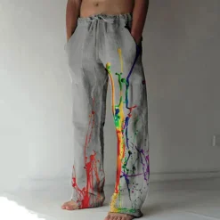 Men's Graphic Prints Graffiti Linen Pants Trousers Summer Pants Mid Waist Fashion Streetwear Casual Daily Drawstring Elastic Waist Front Pocket Spring & Summer 3D Print Light Khaki Black White