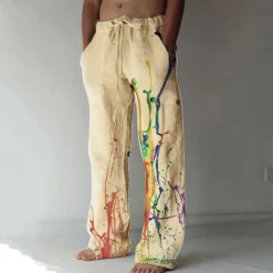 Men's Graphic Prints Graffiti Linen Pants Trousers Summer Pants Mid Waist Fashion Streetwear Casual Daily Drawstring Elastic Waist Front Pocket Spring & Summer 3D Print Light Khaki Black White
