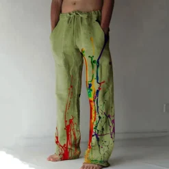 Men's Graphic Prints Graffiti Linen Pants Trousers Summer Pants Mid Waist Fashion Streetwear Casual Daily Drawstring Elastic Waist Front Pocket Spring & Summer 3D Print Light Khaki Black White