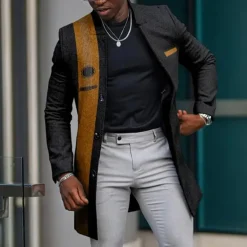 Men's Graphic Prints Guitar Winter Coat Overcoat Coat Warm Breathable Comfortable Fashion Streetwear Business Work Wear to work Going out Pocket Print Fall & Winter Turndown Long Sleeve Yellow Blue