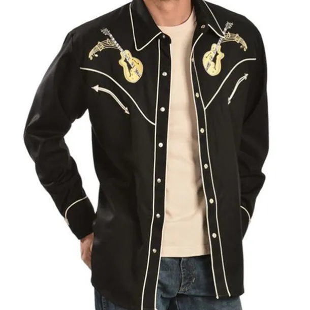 Men's Graphic Prints Guitar Shirt Western Shirt Cowboy Shirt Long Sleeve Fashion Designer Casual Outdoor Daily Fall & Winter Turndown Print Button-Down Black Black / Green Light Green Black / Purple