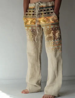 Men's Graphic Prints Linen Pants Baggy Pants Mid Waist Streetwear Hawaiian Designer Casual Daily Holiday Drawstring Elastic Waist Front Pocket Spring & Summer 3D Print Green Khaki Gray