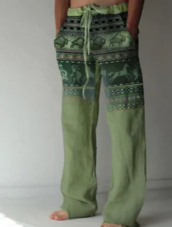 Men's Graphic Prints Linen Pants Baggy Pants Mid Waist Streetwear Hawaiian Designer Casual Daily Holiday Drawstring Elastic Waist Front Pocket Spring & Summer 3D Print Green Khaki Gray