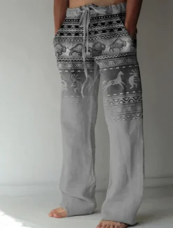 Men's Graphic Prints Linen Pants Baggy Pants Mid Waist Streetwear Hawaiian Designer Casual Daily Holiday Drawstring Elastic Waist Front Pocket Spring & Summer 3D Print Green Khaki Gray