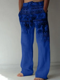 Men's Graphic Prints Linen Pants Baggy Pants Mid Waist Streetwear Hawaiian Designer Casual Daily Holiday Drawstring Elastic Waist Front Pocket Spring & Summer 3D Print Green Khaki Gray