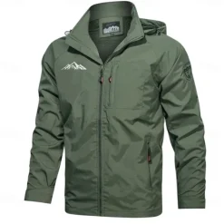 Men's Graphic Prints Mountain Jacket Raincoat Shell Jacket Waterproof Lightweight Casual Sports Outdoor Camping & Hiking Embroidered Side Pockets Zip Front Fall Winter Hooded Long Sleeve Black Green