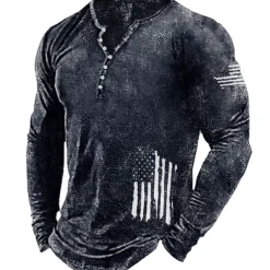 Men's Graphic Prints National Flag Henley Shirt Graphic Tee Long Sleeve Shirt Long Sleeve Hot Stamping Designer Basic Modern Contemporary Vacation Street Going out Spring & Fall Black Red Navy Blue