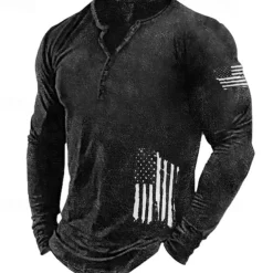 Men's Graphic Prints National Flag Henley Shirt Graphic Tee Long Sleeve Shirt Long Sleeve Hot Stamping Designer Basic Modern Contemporary Vacation Street Going out Spring & Fall Black Red Navy Blue