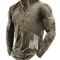 Men's Graphic Prints National Flag Henley Shirt Graphic Tee Long Sleeve Shirt Long Sleeve Hot Stamping Designer Basic Modern Contemporary Vacation Street Going out Spring & Fall Black Red Navy Blue