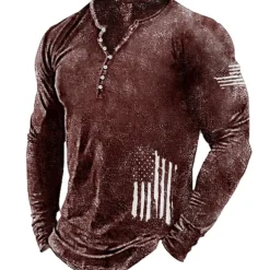 Men's Graphic Prints National Flag Henley Shirt Graphic Tee Long Sleeve Shirt Long Sleeve Hot Stamping Designer Basic Modern Contemporary Vacation Street Going out Spring & Fall Black Red Navy Blue