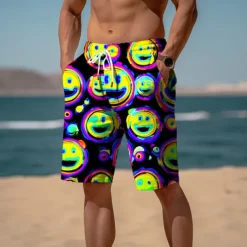 Men's Graphic Prints Smile Face Sweat Shorts Beach Shorts Terry Shorts Mid Waist Casual Athleisure Daily Holiday Streetwear Drawstring Elastic Waist 3D Print Designer Clothing Apparel