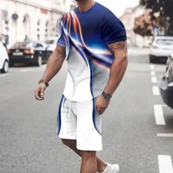 Men's Graphic Prints Technology 2pcs Tees sets Matching Sets Short Sleeve Short Pants Crew Neck Basic Classic Comfortable Outdoor Street Daily 3D Print Summer Spring Black / Gray Blue Gray