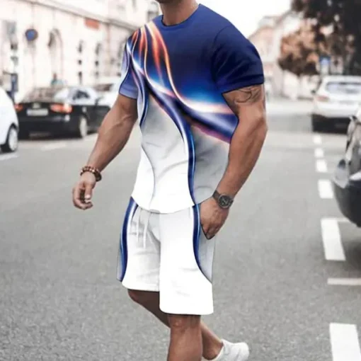 Men's Graphic Prints Technology 2pcs Tees sets Matching Sets Short Sleeve Short Pants Crew Neck Basic Classic Comfortable Outdoor Street Daily 3D Print Summer Spring Black / Gray Blue Gray