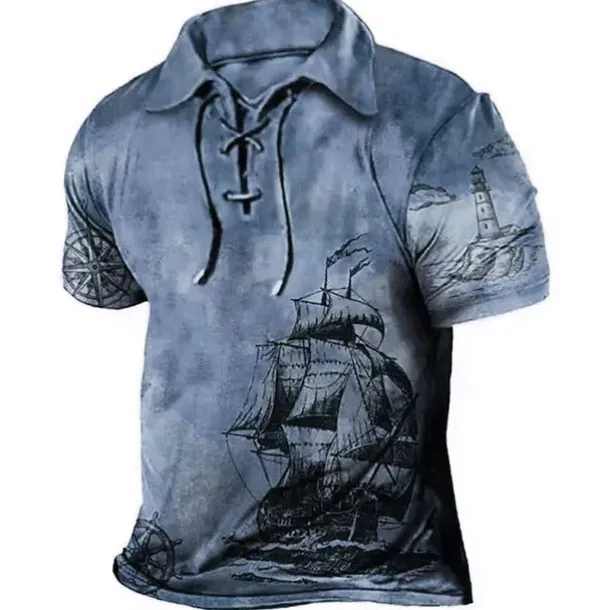 Men's Graphic Prints Vintage Boat Polo Shirt Golf Shirt Short Sleeve Shirt Turndown Outdoor Street Blue Brown Green Khaki Drawstring Print Clothing Apparel Sports Fashion Streetwear Designer