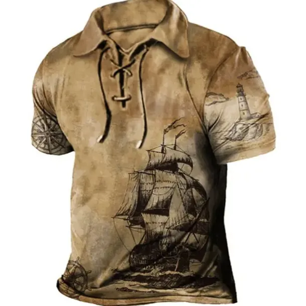 Men's Graphic Prints Vintage Boat Polo Shirt Golf Shirt Short Sleeve Shirt Turndown Outdoor Street Blue Brown Green Khaki Drawstring Print Clothing Apparel Sports Fashion Streetwear Designer