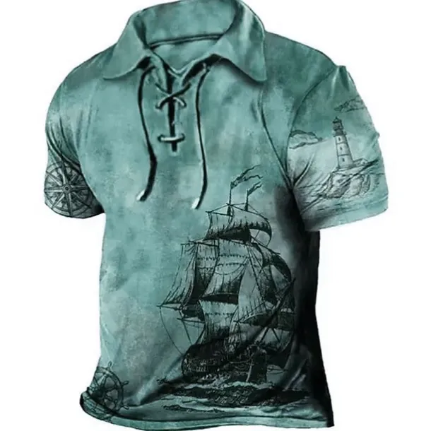 Men's Graphic Prints Vintage Boat Polo Shirt Golf Shirt Short Sleeve Shirt Turndown Outdoor Street Blue Brown Green Khaki Drawstring Print Clothing Apparel Sports Fashion Streetwear Designer