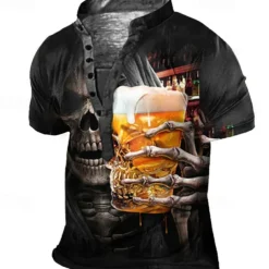 Men's Graphic Skull Beer T Shirt Henley Shirt Tee Short Sleeve 3D Print Designer Basic Casual Outdoor Daily Sports Summer Black Stand Collar Henley T-Shirt
