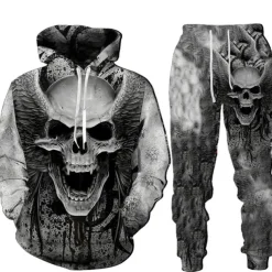 Men's Graphic Skull 2pcs 3D Sweatshirt Sets Tracksuit Hoodies Long Sleeve Long pants Hooded Streetwear Designer Basic Sports & Outdoor Casual Sports Print Spring Fall Black Brown Light Grey