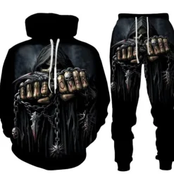Men's Graphic Skull Skeleton 2pcs 3D Sweatshirt Sets Tracksuit Hoodies Long Sleeve Long pants Hooded Streetwear Designer Basic Sports & Outdoor Casual Sports Print Spring Fall Black Blue Orange