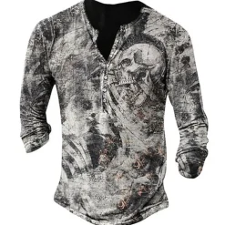 Men's Graphic Skull T shirt Henley Shirt Tee Long Sleeve 3D Print Basic Classic Casual Street Casual Daily Spring & Fall Navy Blue Blue Brown Gray Henley Henley T-Shirt