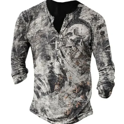 Men's Graphic Skull T shirt Henley Shirt Tee Long Sleeve 3D Print Basic Classic Casual Street Casual Daily Spring & Fall Navy Blue Blue Brown Gray Henley Henley T-Shirt