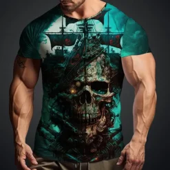 Men's Graphic Skulls T shirt Short Sleeve T shirt 3D Print Crew Neck Shirt Daily Designer Retro Vintage Sports Outdoor Holiday Going out Blue Sky Blue Red Spring & Summer Clothing Apparel S M L XL