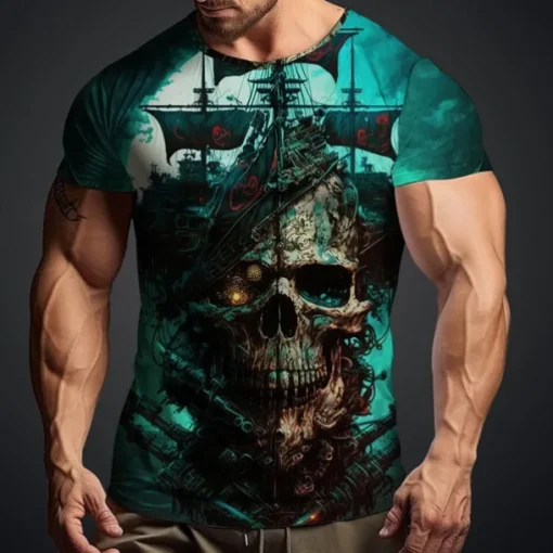 Men's Graphic Skulls T shirt Short Sleeve T shirt 3D Print Crew Neck Shirt Daily Designer Retro Vintage Sports Outdoor Holiday Going out Blue Sky Blue Red Spring & Summer Clothing Apparel S M L XL