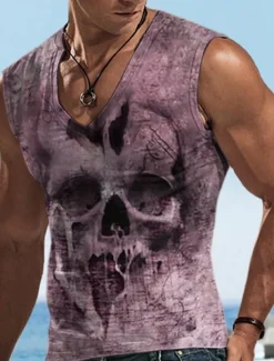 Men's Graphic Skulls Vest Top Sleeveless T Shirt for Men Sleeveless T shirt 3D Print V Neck Shirt Designer Casual Muscle Sports Running Gym Blue Purple Khaki Spring & Summer Clothing Apparel S M L XL
