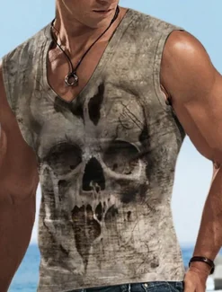 Men's Graphic Skulls Vest Top Sleeveless T Shirt for Men Sleeveless T shirt 3D Print V Neck Shirt Designer Casual Muscle Sports Running Gym Blue Purple Khaki Spring & Summer Clothing Apparel S M L XL