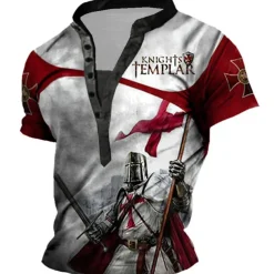 Men's Graphic Templar Cross Knights Templar T Shirt Henley Shirt Tee Short Sleeve 3D Print Designer Basic Casual Outdoor Daily Sports Summer White Blue Brown Green Coffee Stand Collar Henley T-Shirt