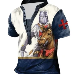 Men's Graphic Templar Cross Knights Templar T Shirt Henley Shirt Tee Short Sleeve 3D Print Designer Basic Casual Outdoor Daily Sports Summer White Blue Brown Green Coffee Stand Collar Henley T-Shirt