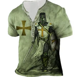 Men's Graphic Templar Cross Cross T shirt Henley Shirt Tee Short Sleeve 3D Print Designer Basic Casual Outdoor Daily Sports Summer Blue Purple Brown Green Gray Henley Henley T-Shirt