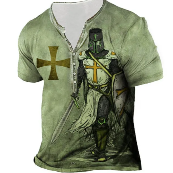 Men's Graphic Templar Cross Cross T shirt Henley Shirt Tee Short Sleeve 3D Print Designer Basic Casual Outdoor Daily Sports Summer Blue Purple Brown Green Gray Henley Henley T-Shirt