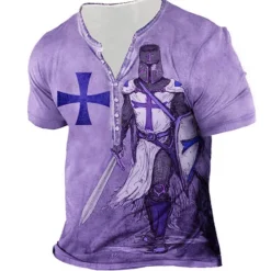 Men's Graphic Templar Cross Cross T shirt Henley Shirt Tee Short Sleeve 3D Print Designer Basic Casual Outdoor Daily Sports Summer Blue Purple Brown Green Gray Henley Henley T-Shirt