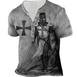 Men's Graphic Templar Cross Cross T shirt Henley Shirt Tee Short Sleeve 3D Print Designer Basic Casual Outdoor Daily Sports Summer Blue Purple Brown Green Gray Henley Henley T-Shirt