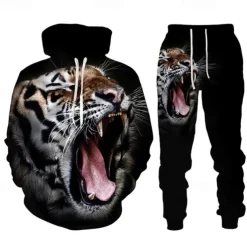 Men's Graphic Tiger 2pcs 3D Sweatshirt Sets Tracksuit Hoodies Long Sleeve Long pants Hooded Streetwear Designer Basic Sports & Outdoor Casual Sports Print Spring Fall Black Blue Purple
