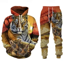 Men's Graphic Tiger 2pcs 3D Sweatshirt Sets Tracksuit Hoodies Long Sleeve Long pants Hooded Streetwear Designer Basic Sports & Outdoor Casual Sports Print Spring Fall Black Blue Purple