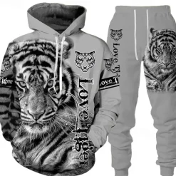 Men's Graphic Tiger 2pcs 3D Sweatshirt Sets Tracksuit Hoodies Long Sleeve Long pants Hooded Streetwear Basic Casual Sports & Outdoor Casual Sports Print Spring Fall White+Dark Gray Black+Light Grey