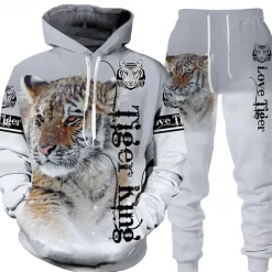 Men's Graphic Tiger 2pcs 3D Sweatshirt Sets Tracksuit Hoodies Long Sleeve Long pants Hooded Streetwear Basic Casual Sports & Outdoor Casual Sports Print Spring Fall White+Dark Gray Black+Light Grey