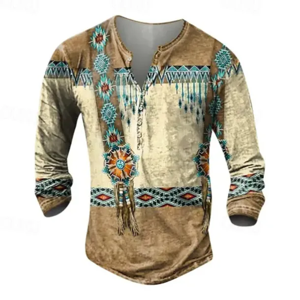 Men's Graphic Tribal Henley Shirt Long Sleeve 3D Print Daily Ethnic Casual Casual Holiday Going out Spring & Fall Khaki Henley Henley T-Shirt