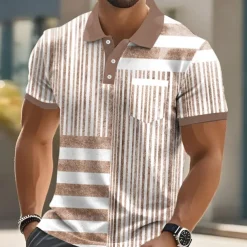 Men's Graphic Vertical Stripes Polo Short Sleeve Polo Shirts Collared Shirts Business Casual Outdoor Athleisure Daily Wear Buttons 3D Print Summer Blue Brown Green